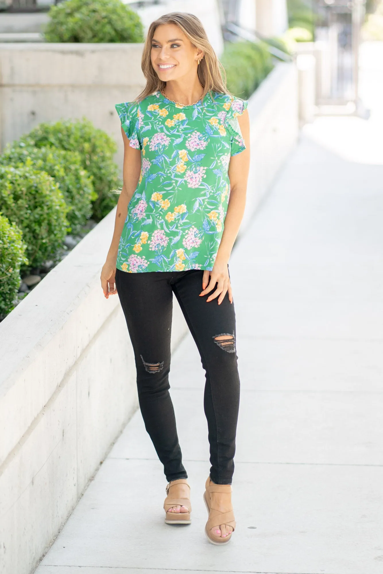 Round Neck Ruffled Floral Knit Top