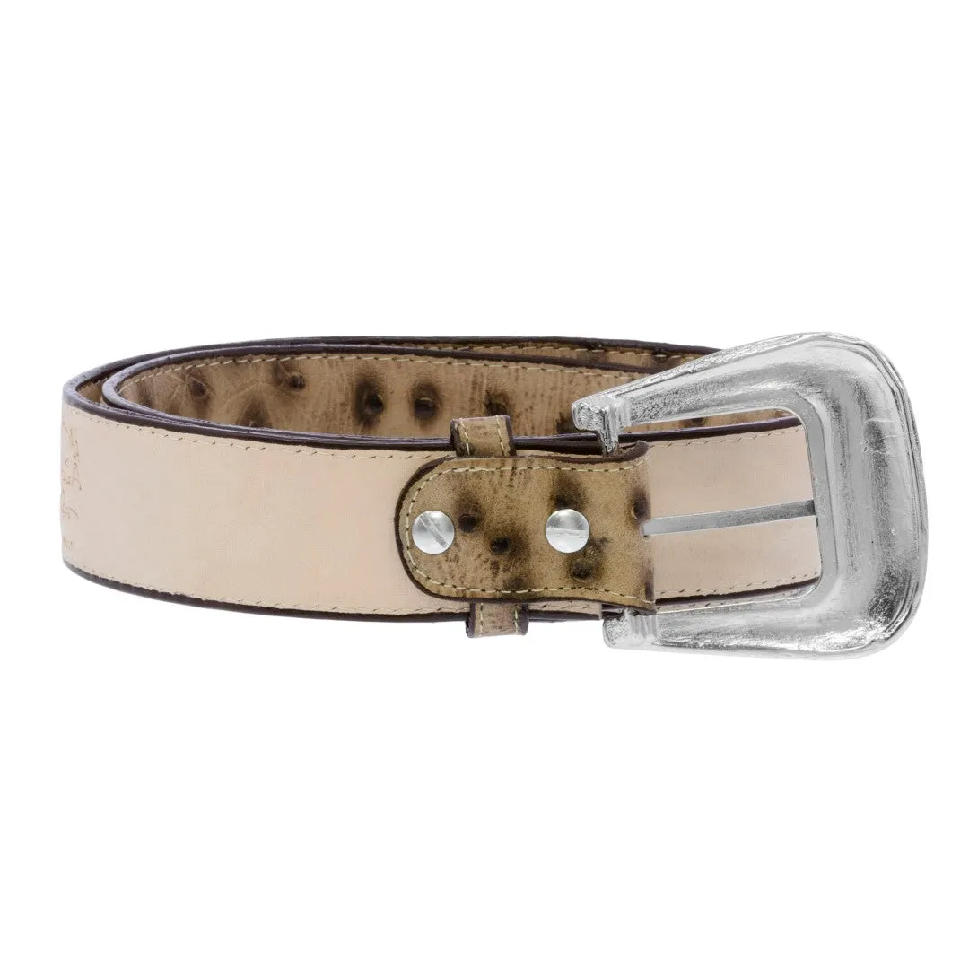 Sand Western Cowboy Belt Ostrich Print Leather - Silver Buckle