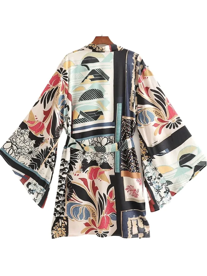 Short Length Floral Print Black Color Polyester Gown Kimono Duster Robe