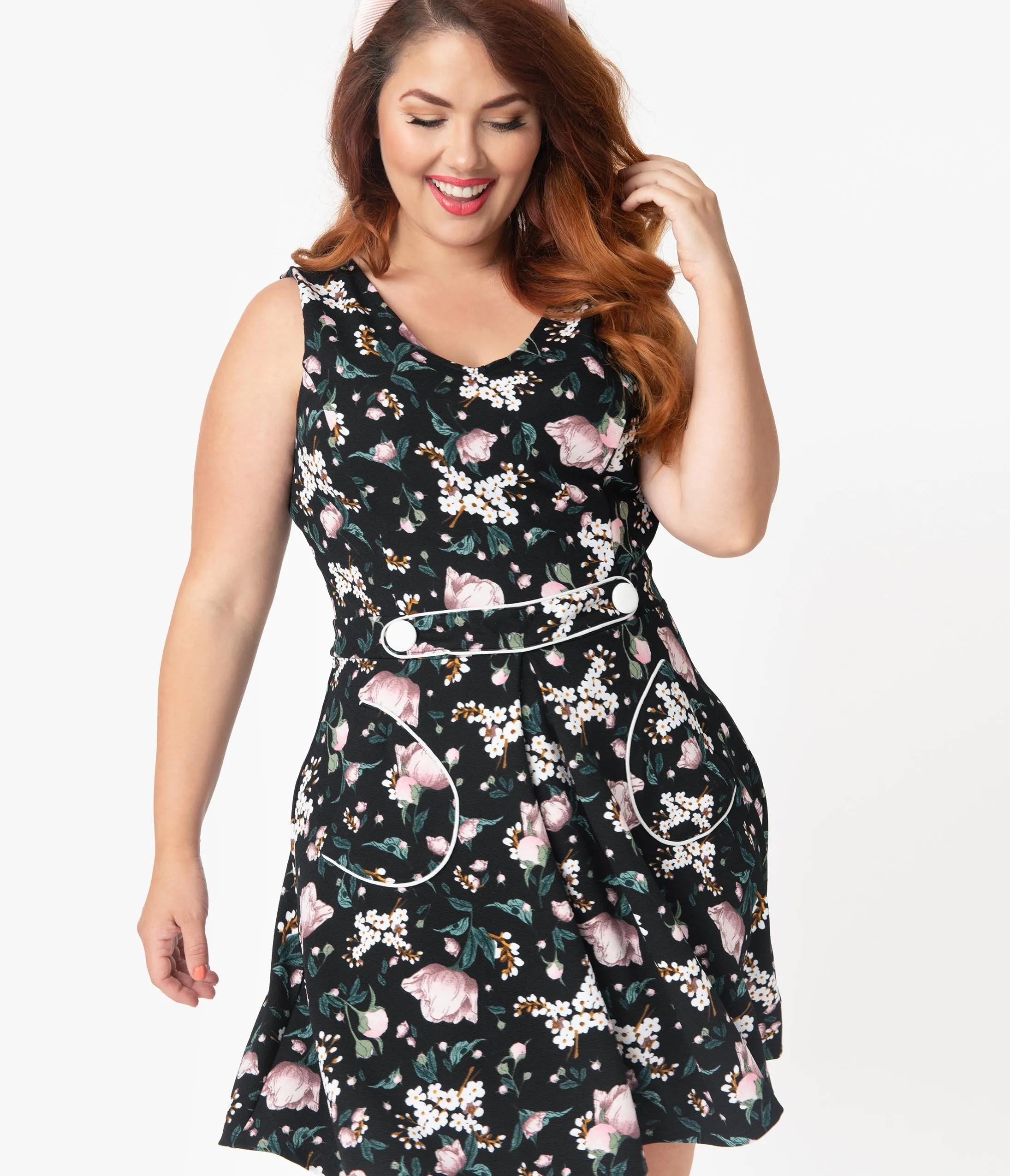 Smak Parlour Plus Size 1960s Black & Pink Floral Totally Radical Fit & Flare Dress