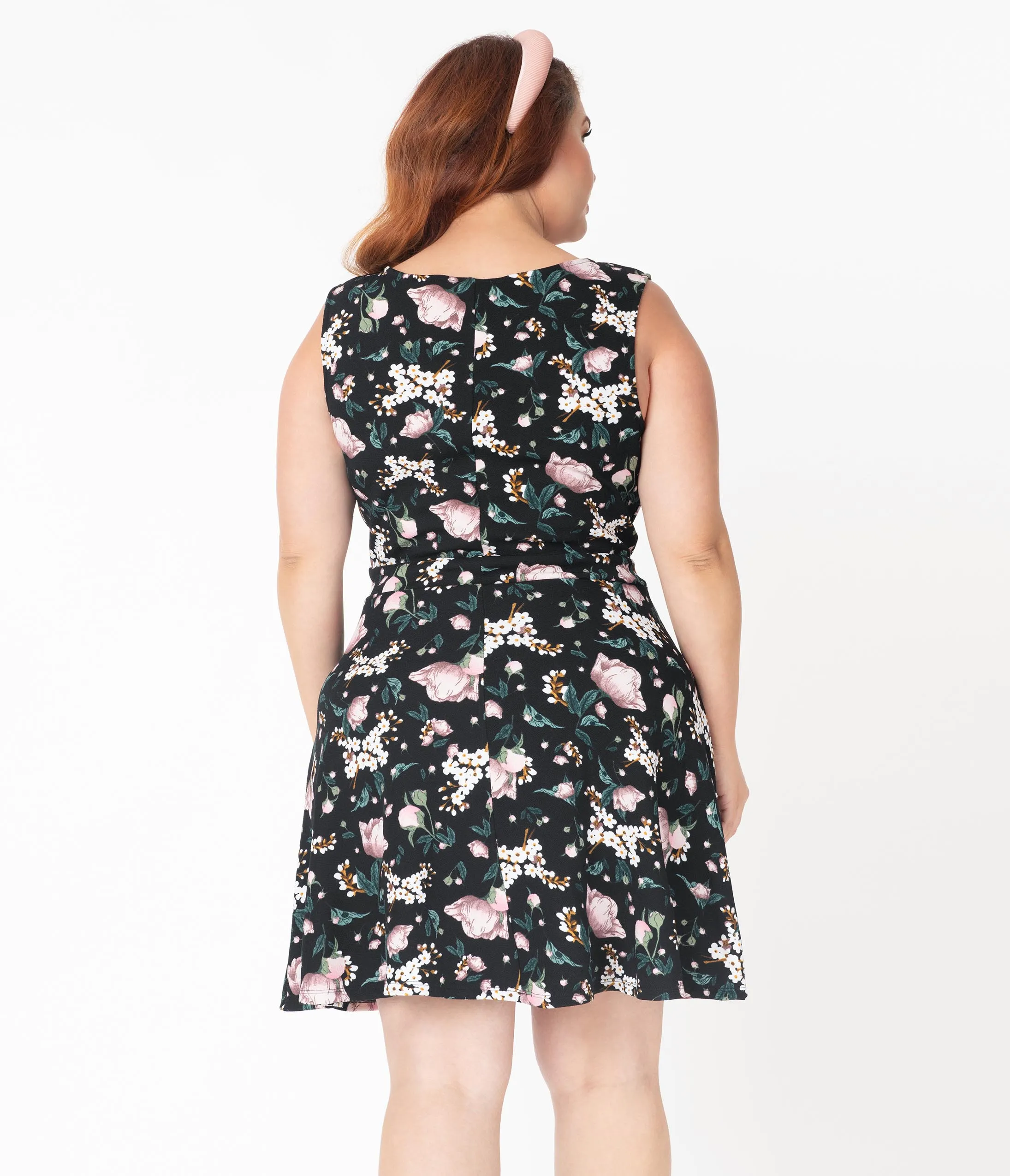 Smak Parlour Plus Size 1960s Black & Pink Floral Totally Radical Fit & Flare Dress