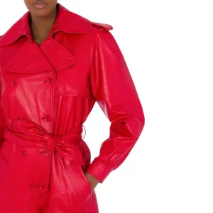 Stylish Windproof Double-Breasted Genuine Leather Jumpsuit in Red