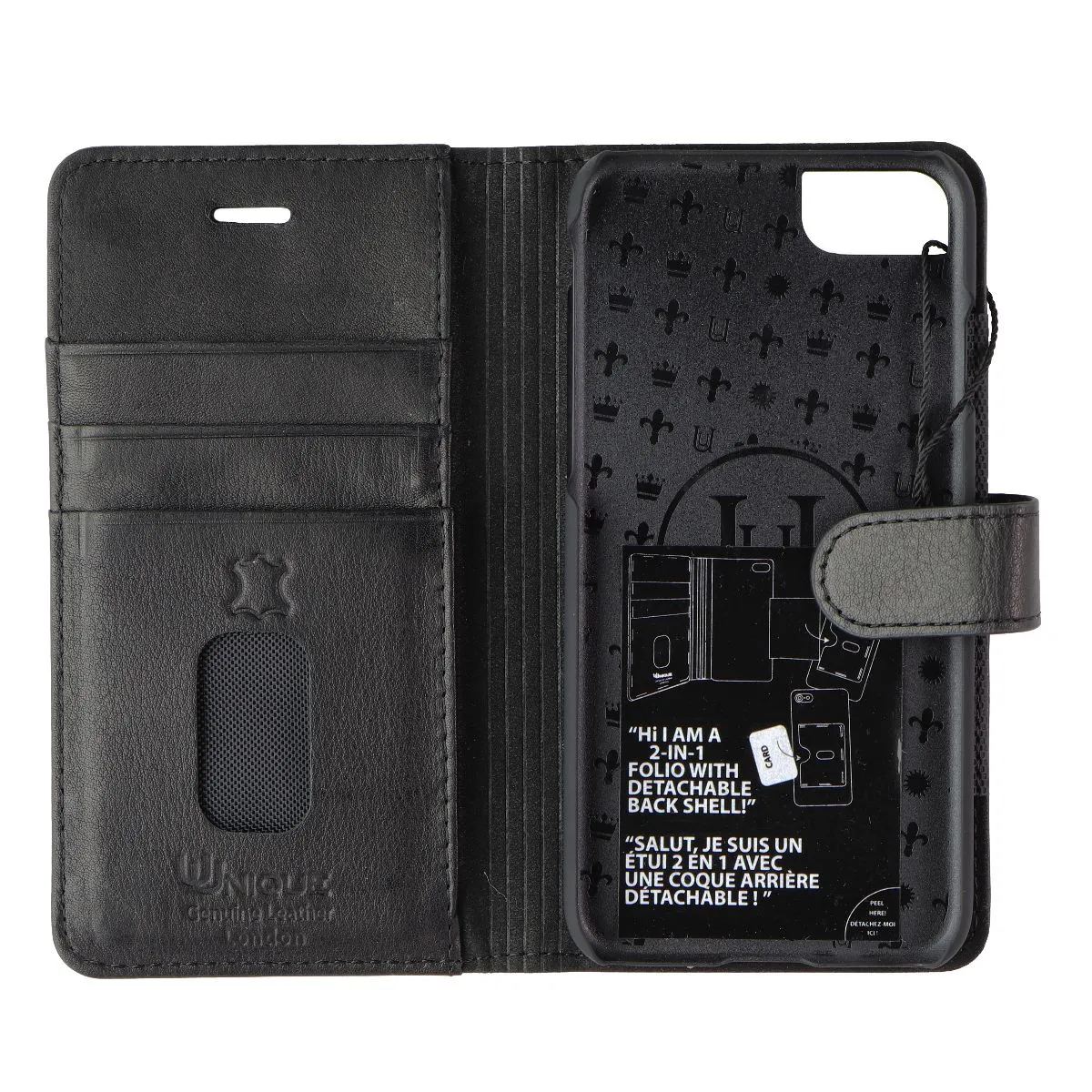 Unique London Genuine Leather 2-in-1 Folio for Apple iPhone 8/7 - Black