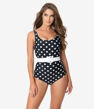 Unique Vintage Black & White Polka Dot Belted Huntington Swimsuit