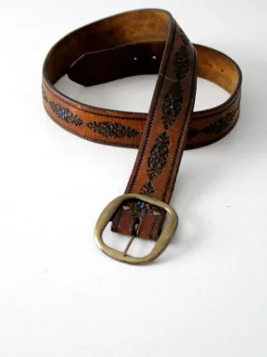 vintage 70s tooled leather belt with blue floral detail