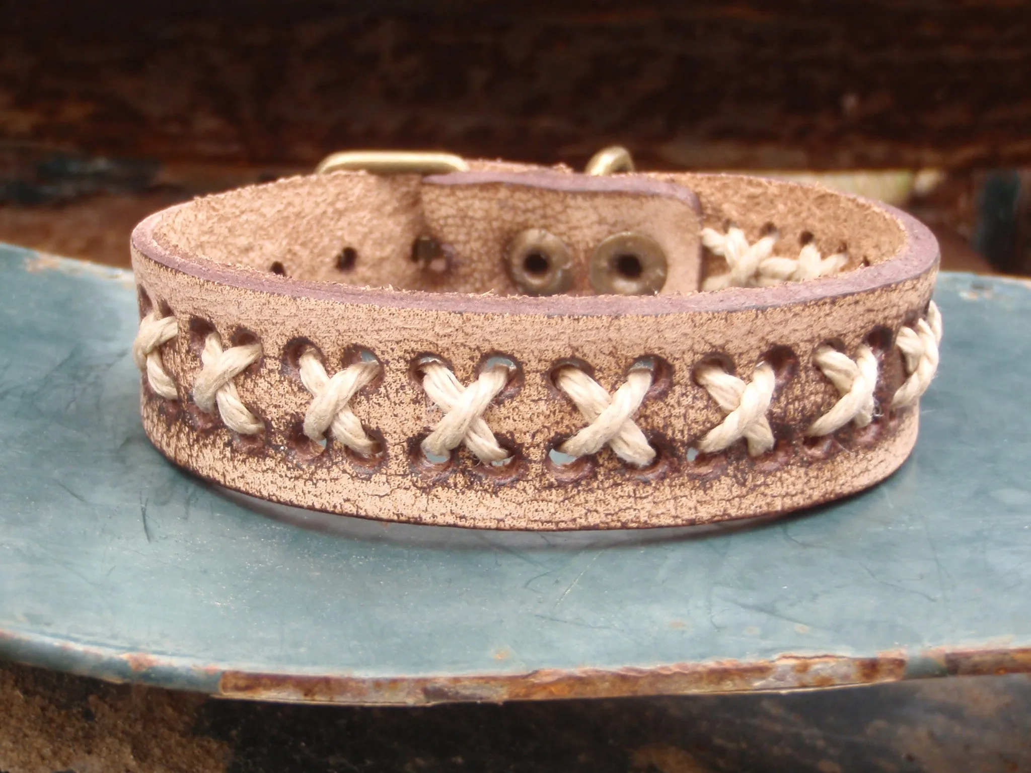 Vintage Woven Leather Cuff Bracelet X-Pattern 005B