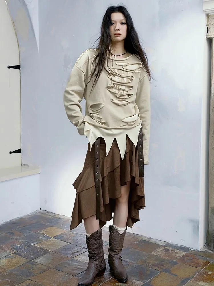 Wind irregular belt suede half skirt【s0000004518】