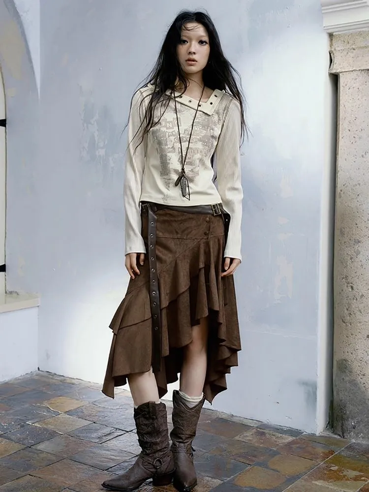 Wind irregular belt suede half skirt【s0000004518】