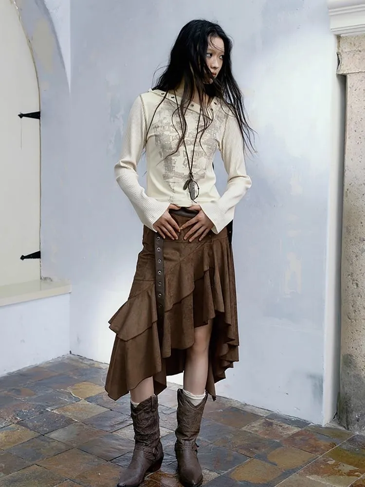 Wind irregular belt suede half skirt【s0000004518】