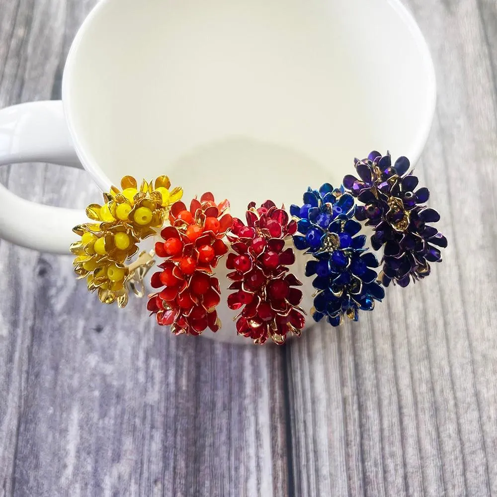 Women Colourful Metal Flower Design Hoop Earrings