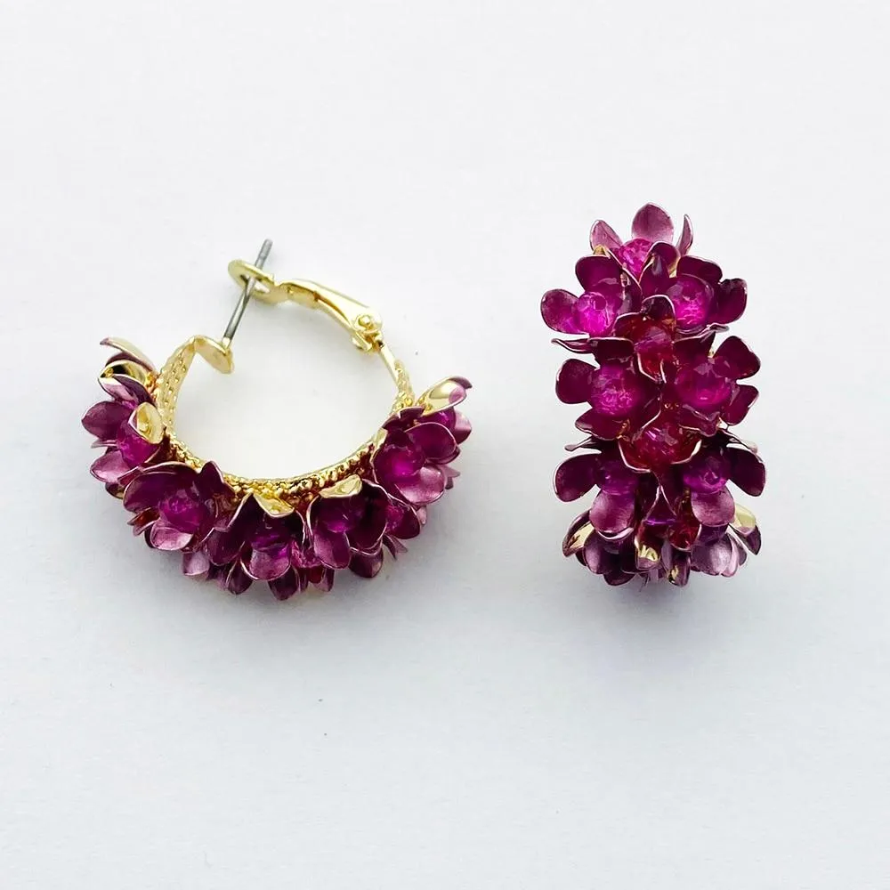 Women Colourful Metal Flower Design Hoop Earrings