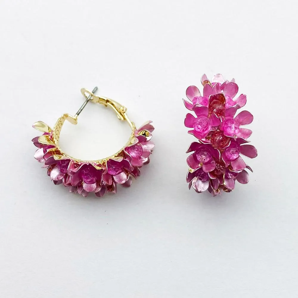 Women Colourful Metal Flower Design Hoop Earrings