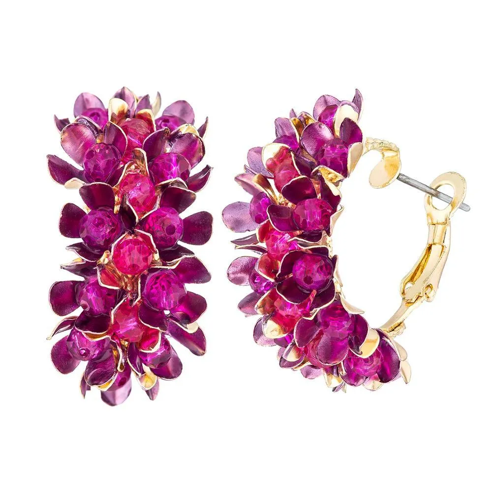 Women Colourful Metal Flower Design Hoop Earrings