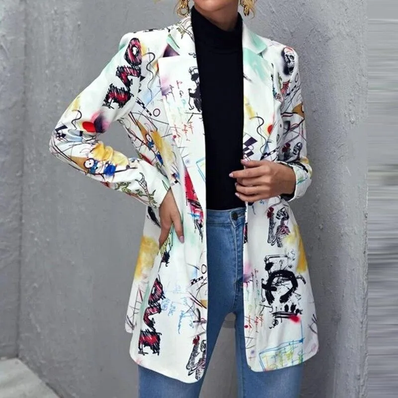 Women Elegant Print Design Long Sleeves Coat