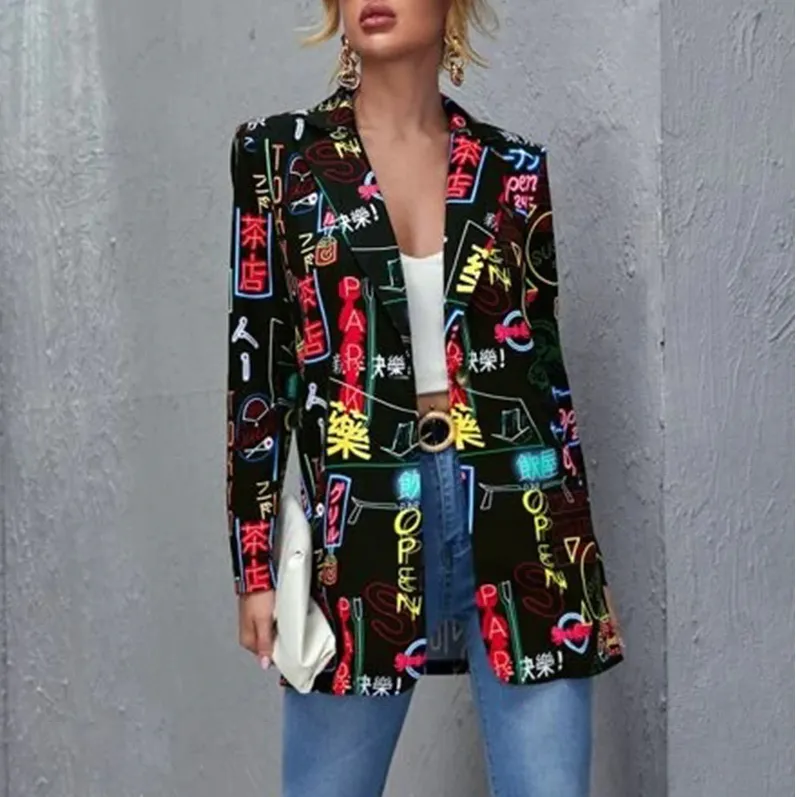 Women Elegant Print Design Long Sleeves Coat