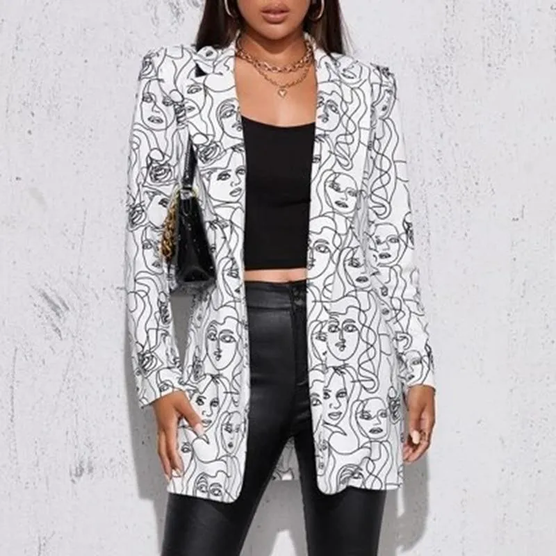 Women Elegant Print Design Long Sleeves Coat