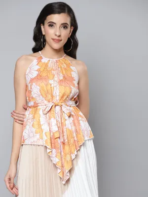 Women Mustard Floral Pleated Halter Neck Belt Top