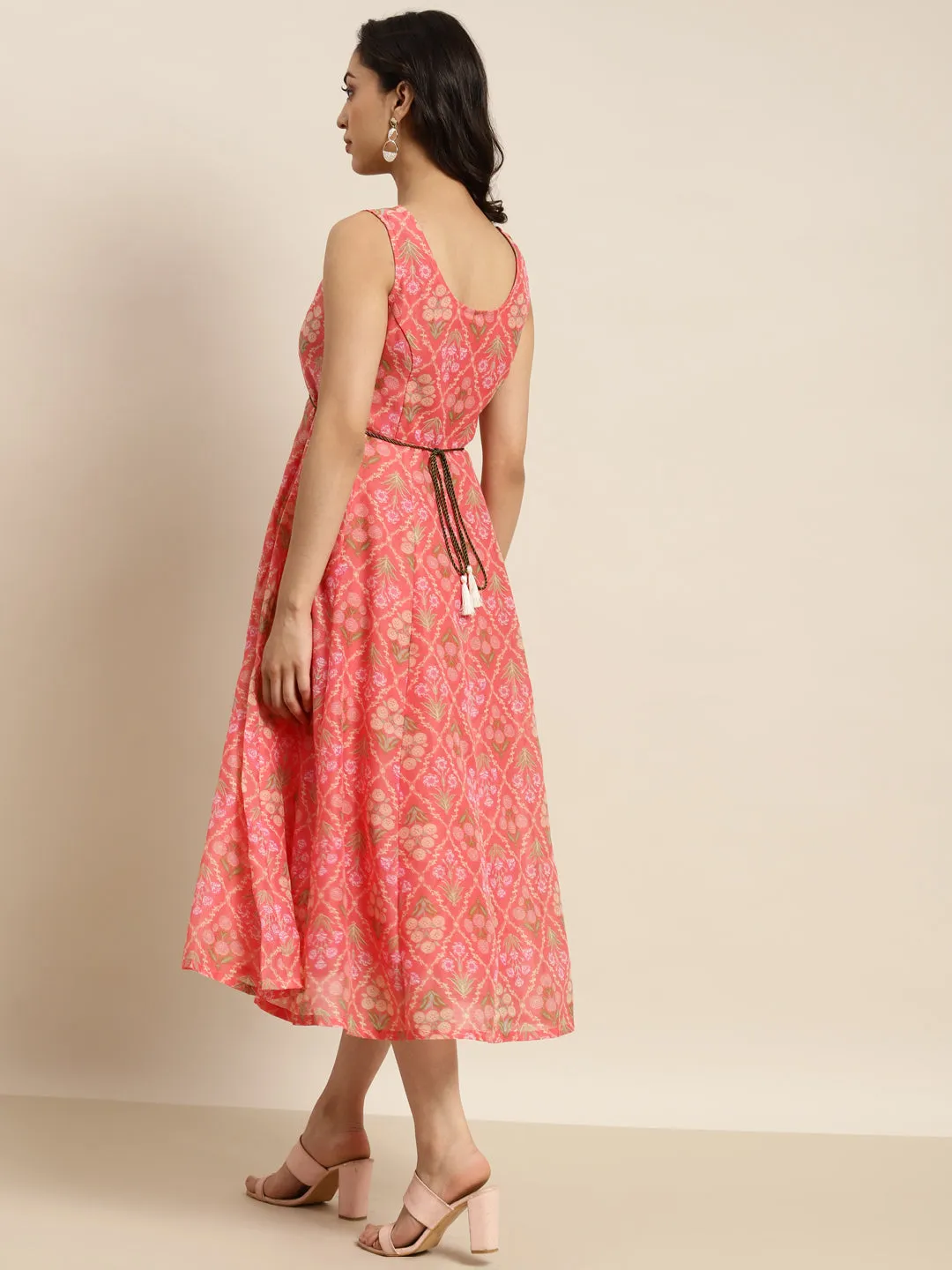 Women Peach Chanderi Mughal Floral Anarkali Dress