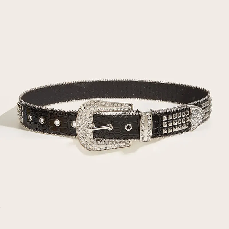 Women's Bead Chain Rhinestone Rivet Leather Belt