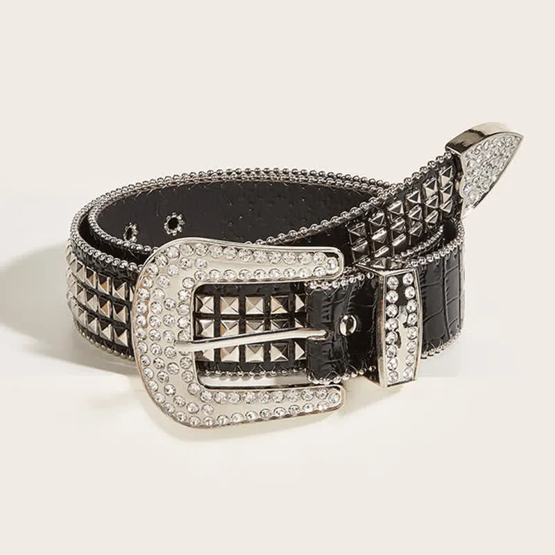 Women's Bead Chain Rhinestone Rivet Leather Belt