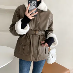 Women’s Brown Genuine Sheepskin Sherpa Shearling Faux Fur Lined Belted Winter Warm Casual Fashion Loose Leather Jacket