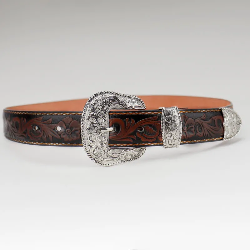 Women's Coffee Vintage Flower Engraved Leather Belt