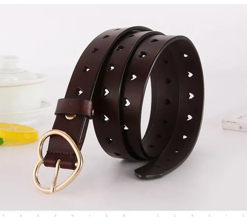 Women's Leather Belt with Hollow Heart-shaped Design | High Quality Casual Elegant | 105-115cm Size