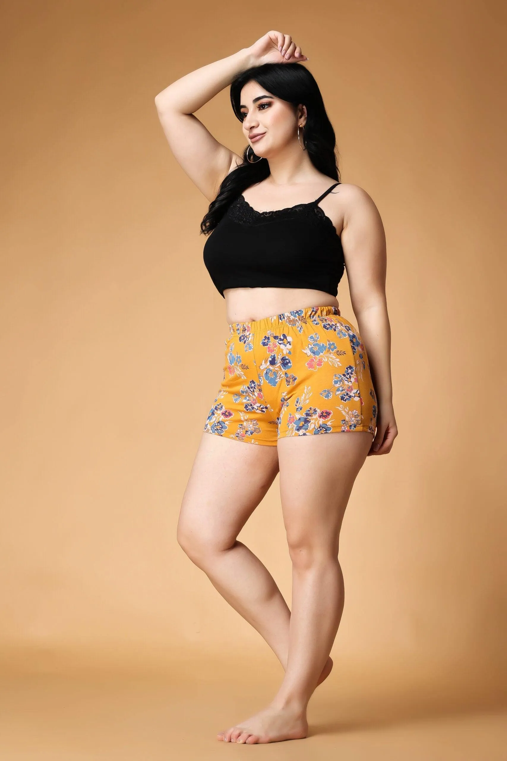 Yellow Floral Printed Fitted Shorts