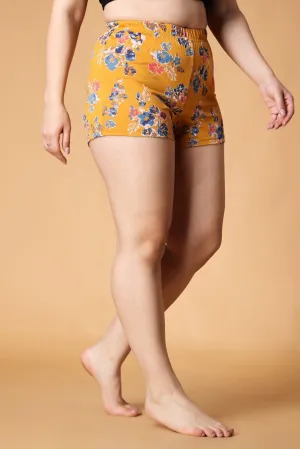 Yellow Floral Printed Fitted Shorts